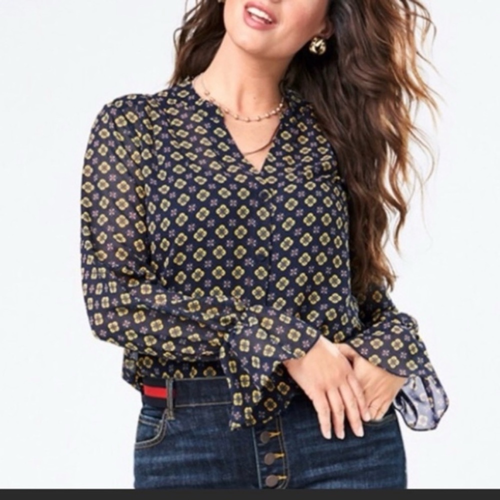 CAbi 3772 Mosaic Ruffle Cuff Long Sleeve Semi-Sheer Blouse Size XS